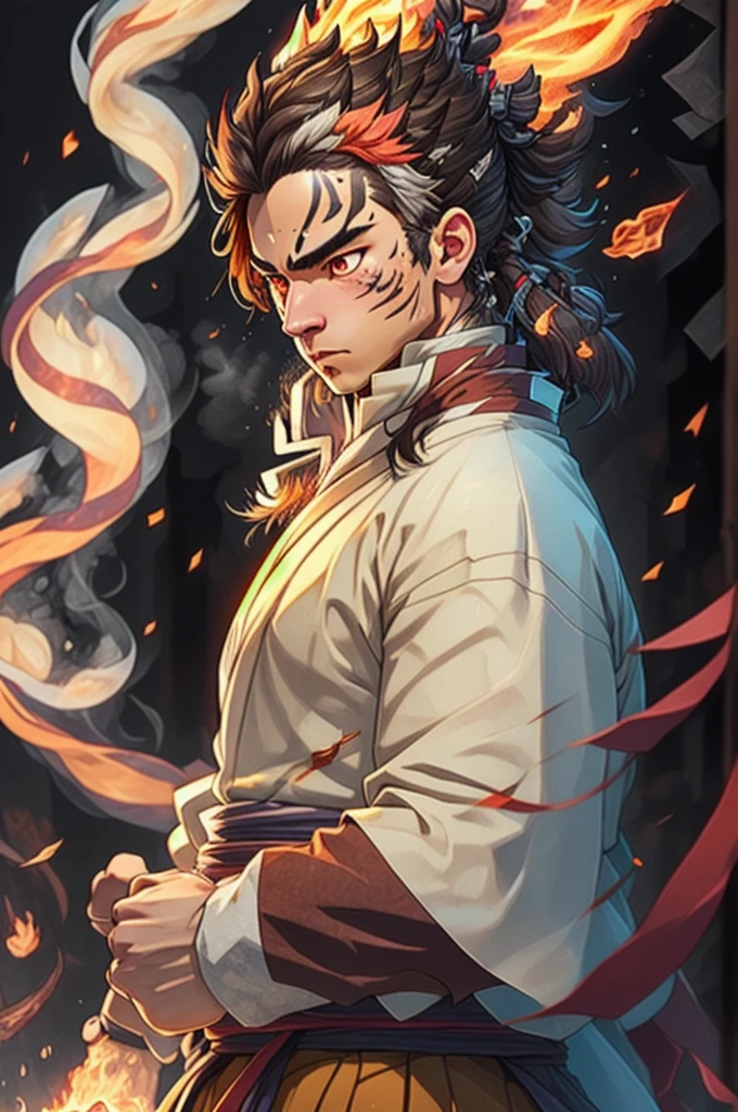 ((best qualityer)), ((work of art)), (detailded), (8k resolution), Kimetsu no Yaiba, adult man, experienced swordsman, Large katana rich in details, red traces on the face, Red neon aura, flames in the background, white kimono, Slightly dark hair, groundbreaking, color scheme, pensive stillness, background with flames, details Intricate, photographic realism, fully body.