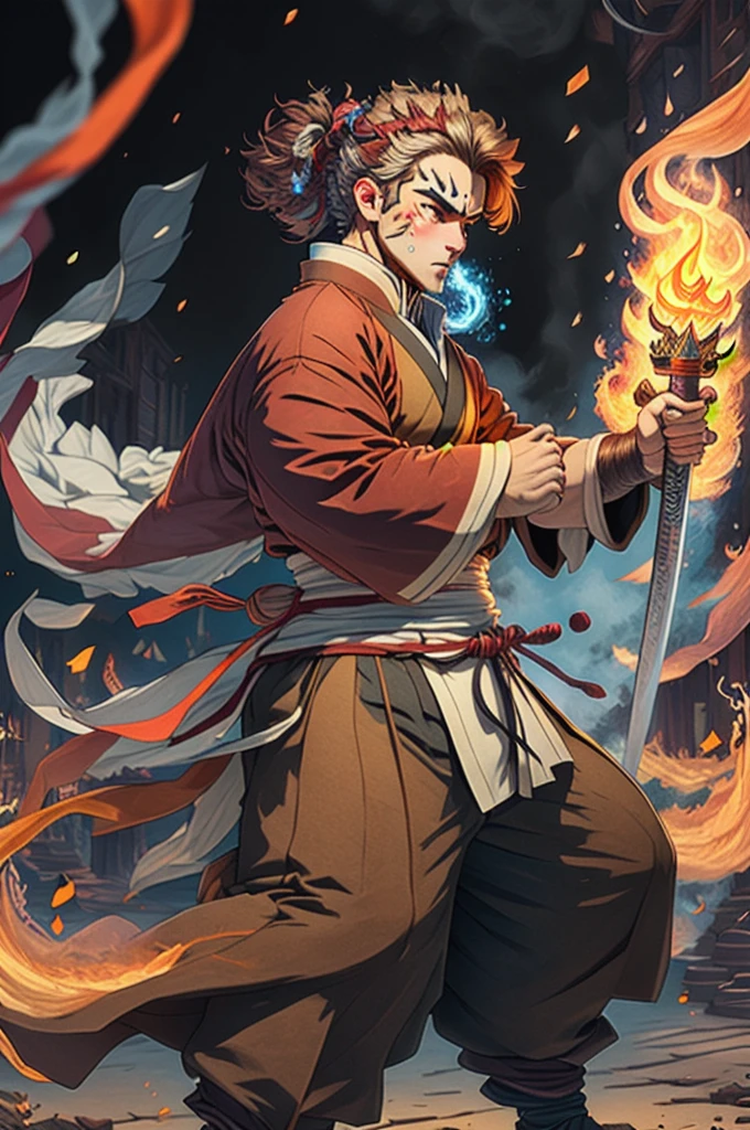 ((best qualityer)), ((work of art)), (detailded), (8k resolution), Kimetsu no Yaiba, adult man, experienced swordsman, Large katana rich in details, red traces on the face, Red neon aura, flames in the background, white kimono, Slightly dark hair, groundbreaking, color scheme, pensive stillness, background with flames, details Intricate, photographic realism, fully body.