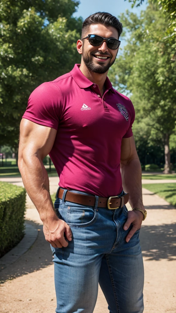 Handsome muscular latino man beard, strong and muscular legs, big lump, artwork, smiling, super sexy in jeans and pink polo shirt with blackstripes 8k ultra realistic masterpiece great detail next to a font super muscular , sexy , in the park, 30 years old , sunglasses, tatoo on arm, bulging crotch, well-built, strong and muscular legs, well-built,  with belt with golden studs, large golden buckle 