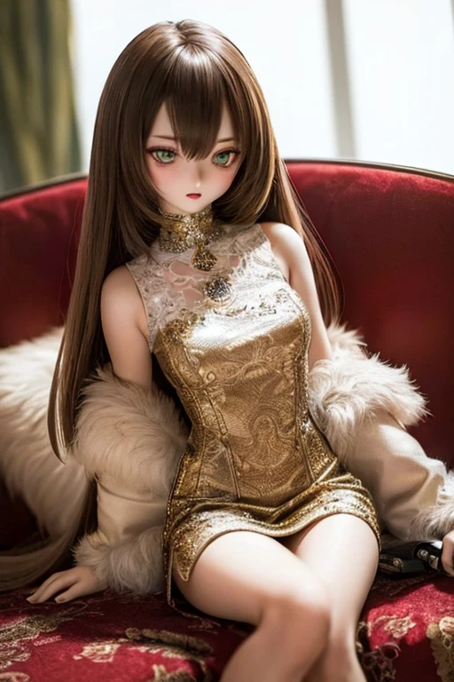 photorealistic, realistic photo, ((highest quality)), ((masterpiece)), detailed, kukolnydom, doll, (mature woman, 22yo, 22 years old:1.6), solo, ((cowboy shot, sitting on sofa, reclining on sofa, skinny, slender, slim, parted lips)), green eyes, brown hair, (looking above, blank eyes, empty eyes, detailed eyes, detailed face:1.3), dress, museum, 8k