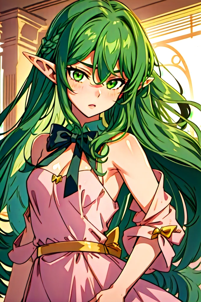(masterpiece, best quality), intricate details, 1boy, high_elf_archer, elf, pointy ears, long hair, sidelocks, bow, hair bow, black bow, small breasts, hair between eyes, green hair, peachdress, pink dress