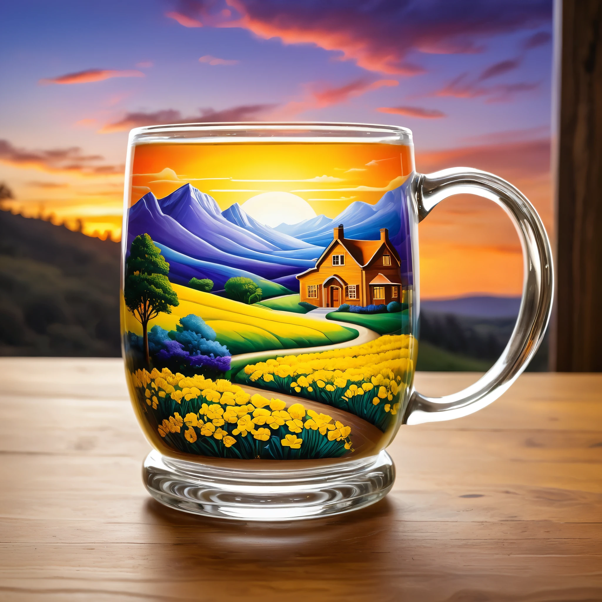 Create a detailed and vibrant image of a landscape contained within a glass mug. The scene inside the mug features rolling fields of bright yellow flowers, trees, and a winding path leading to a small house. Above the fields, a dramatic sunset with swirling red, orange, and purple clouds fills the sky. The setting is in a kitchen, with the mug placed on a wooden table and kitchen items blurred in the background. The style should blend hyper-realism with surrealism, capturing the vivid colors and intricate details of both the landscape and the glass mug.