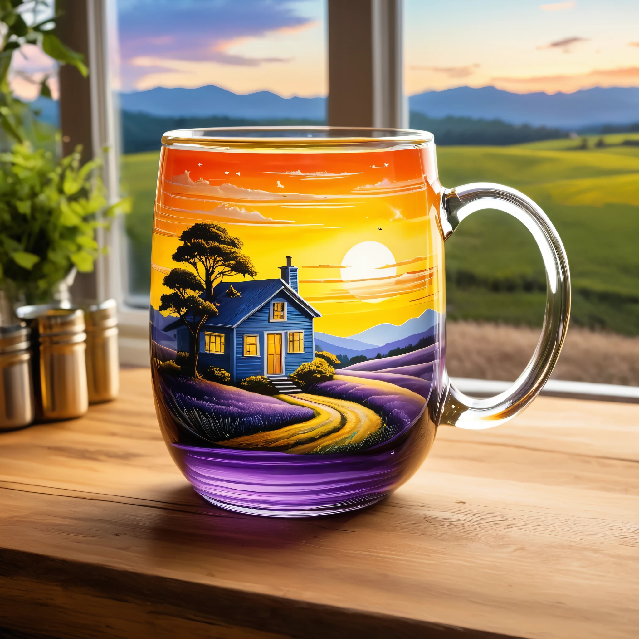 Create a detailed and vibrant image of a landscape contained within a glass mug. The scene inside the mug features rolling fields of bright yellow flowers, trees, and a winding path leading to a small house. Above the fields, a dramatic sunset with swirling red, orange, and purple clouds fills the sky. The setting is in a kitchen, with the mug placed on a wooden table and kitchen items blurred in the background. The style should blend hyper-realism with surrealism, capturing the vivid colors and intricate details of both the landscape and the glass mug.