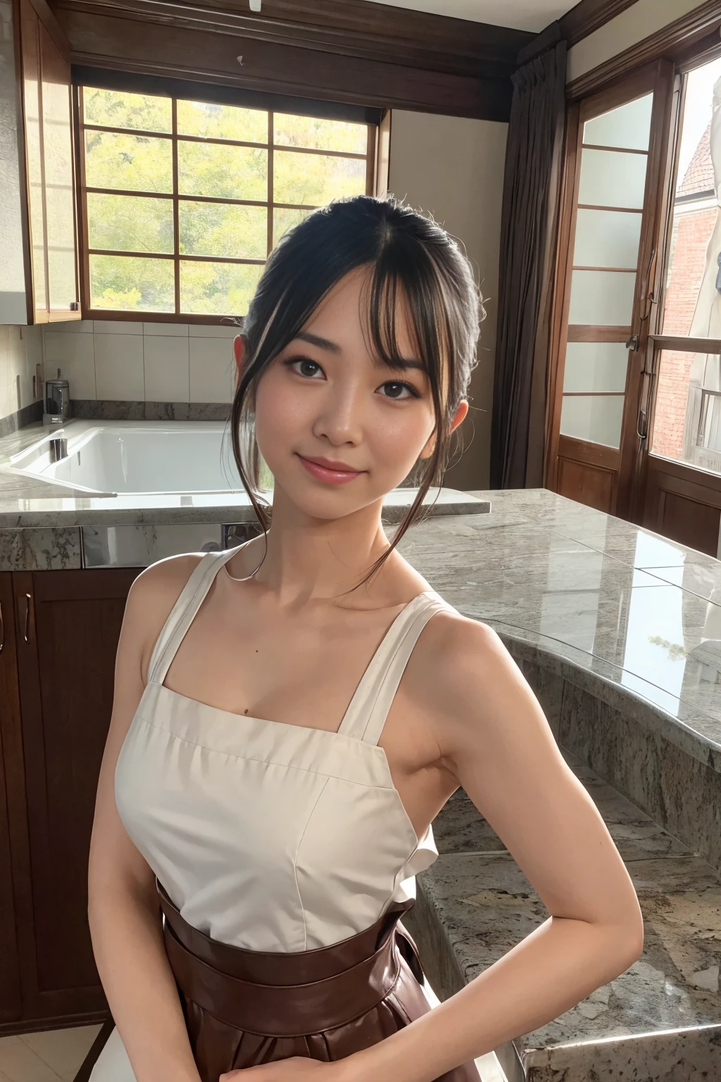 ((masterpiece)), ((Highest quality)), (Very detailed), Confused, Very detailed CG Unity 8k 壁紙, Official Art, Accurately depict shapes, Beautiful Face, Expressive eyes, Looking at the audience, alone, close, scenery, Captivating smile, 1 Girl, (Mature Woman, older), Mature Woman, Maternal, Wide Hips, bent, clavicle, lips, High resolution、housewife、apron