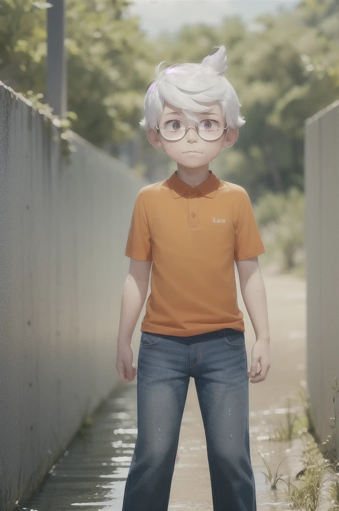 ((lincoln loud, 1boy)), long hair, white hair, organe polo shirt, blue jeans pants, freckles, body freckles, solo he is stuck in quicksand looking at viewer scared 