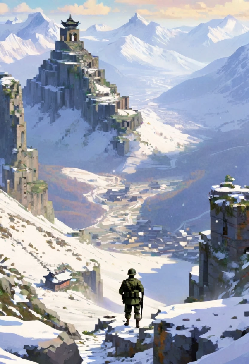 valley with ruins on the top of snowy mountain with soldier on yop