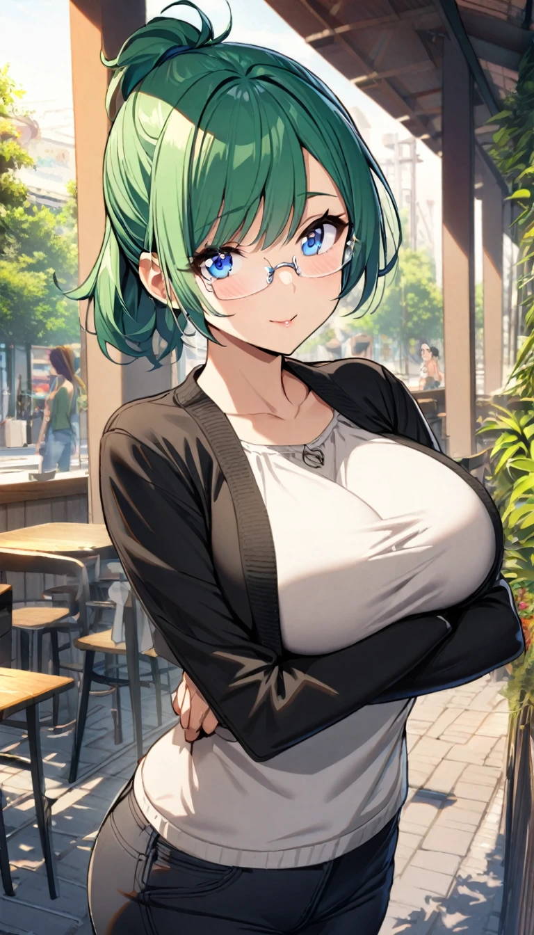 1girl,green hair,short ponytail,rimless eyewear,blue eyes,large breasts,large breasts,casual