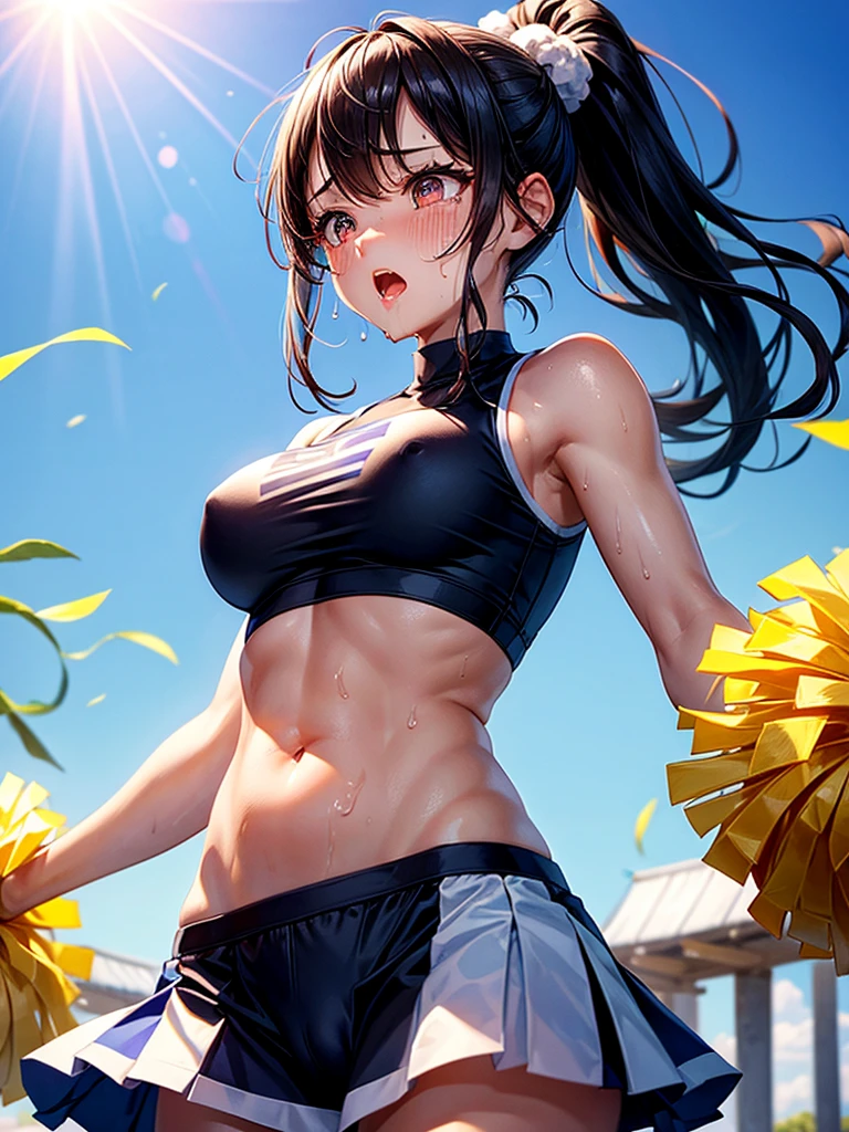 Highest quality,Highest Resolution,A beautiful girl with a crying face, a cheerleader with pom-poms,Sweat flying,Big eyes,Belly button,Underwear that becomes transparent due to sweat,Black hair ponytail,Abdominal muscles,Diagonally below,Arena,support,Outdoor,Sunshine,Open your mouth and drool,Dripping a lot of saliva,