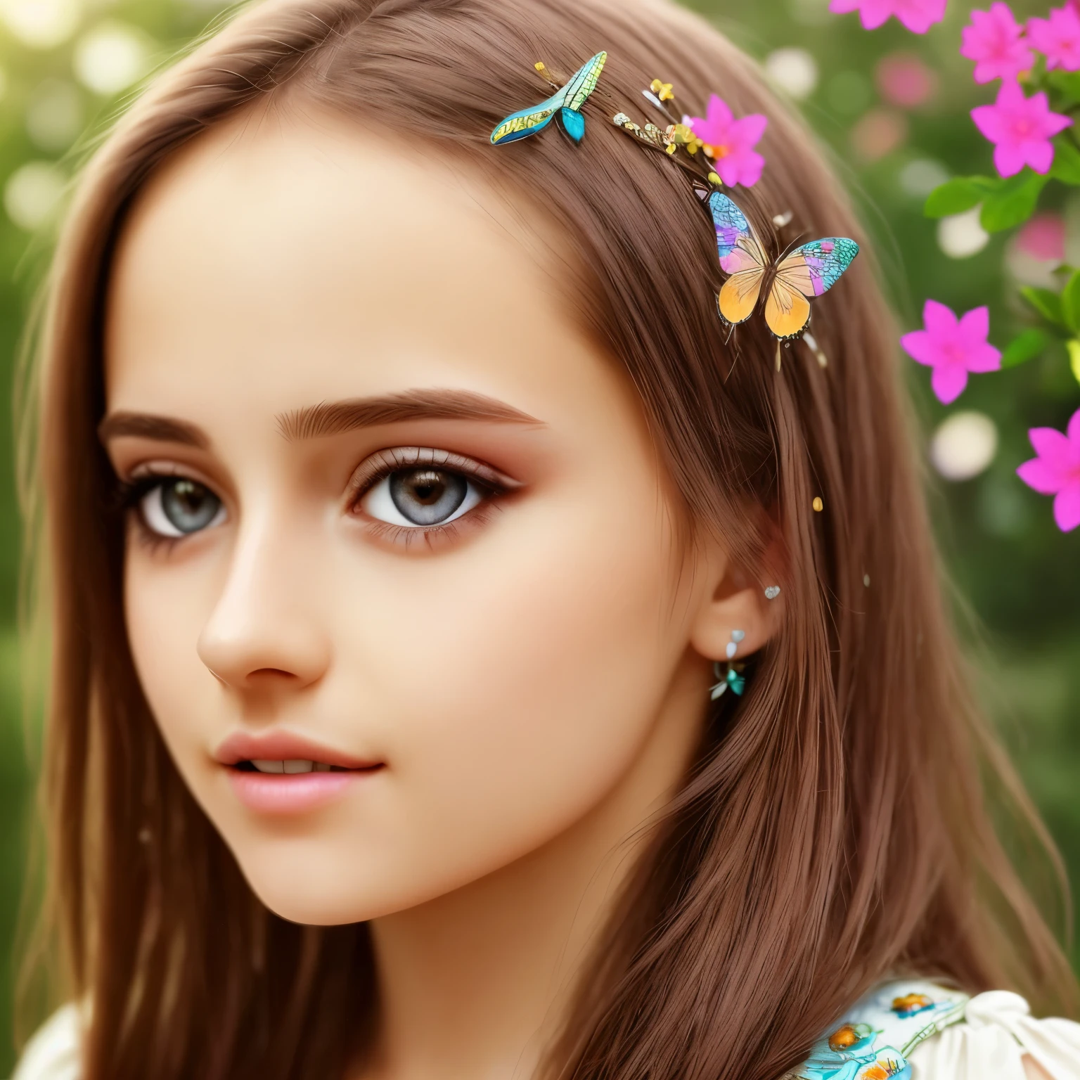 8k, half-length image of a beautiful and stunning girl, 23 years old, with intricate, curly brown hair, detailed and clear honey eyes, eyelashes and eyebrows
detailed and elegant, highly detailed, majestic, digital photography, artgerm art surreal painting golden butterfly filigree, broken colored stained glass, (masterpiece, side lighting, beautiful finely detailed eyes: 1.2), hdr, (detailed background window for a new dimension, plants and flowers: 0.7) infinity, infinity symbol.