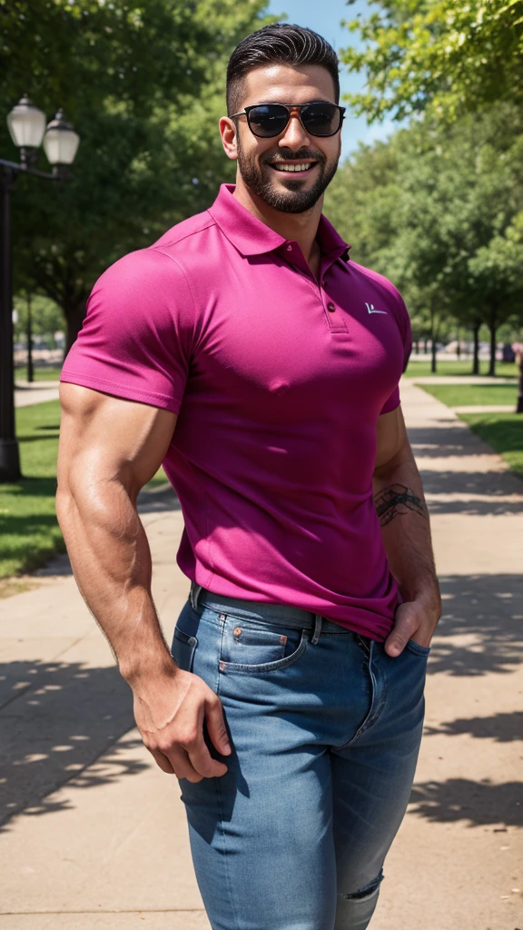 Handsome muscular latino man beard, strong and muscular legs, big lump, artwork, smiling, super sexy in jeans and pink polo shirt with blackstripes 8k ultra realistic masterpiece great detail next to a font super muscular , sexy , in the park, 30 years old , sunglasses, tatoo on arm, bulging crotch, well-built, strong and muscular legs, well-built,