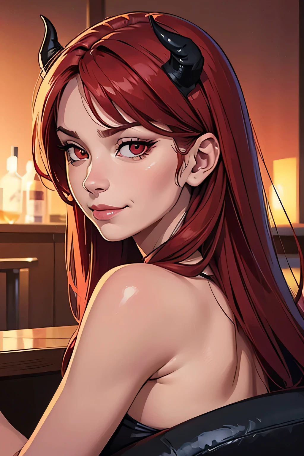 (close up, portrait, digital art, digital illustration, 4K, 8K, super detailed, beautiful images, clear image, realistic, RAW photo, perfect face, perfect lines, perfect eyes, soft lighting) ,1 female, (long red hair,(bar background),sitting,red eyes,beautiful woman,horns,closed mouth,smirk,sexy,late 30s, she looks back at the viewer, mean, demon, smirking, bloody lips