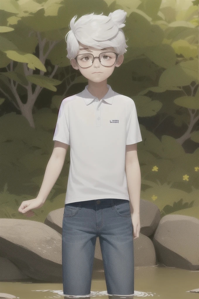 ((lincoln loud, 1boy)), long hair, white hair, organe polo shirt, blue jeans pants, freckles, body freckles, solo he is stuck in quicksand reaches his upper body 