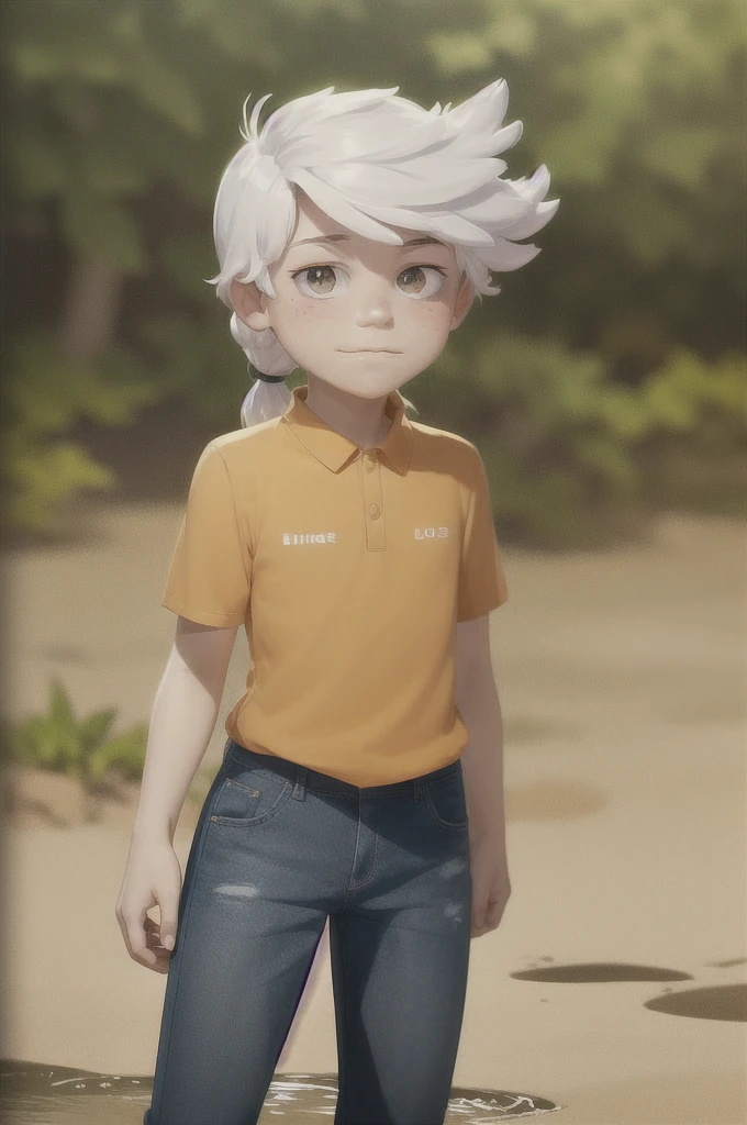 ((lincoln loud, 1boy)), long hair, white hair, organe polo shirt, blue jeans pants, freckles, body freckles, solo he is stuck in quicksand reaches his upper body 