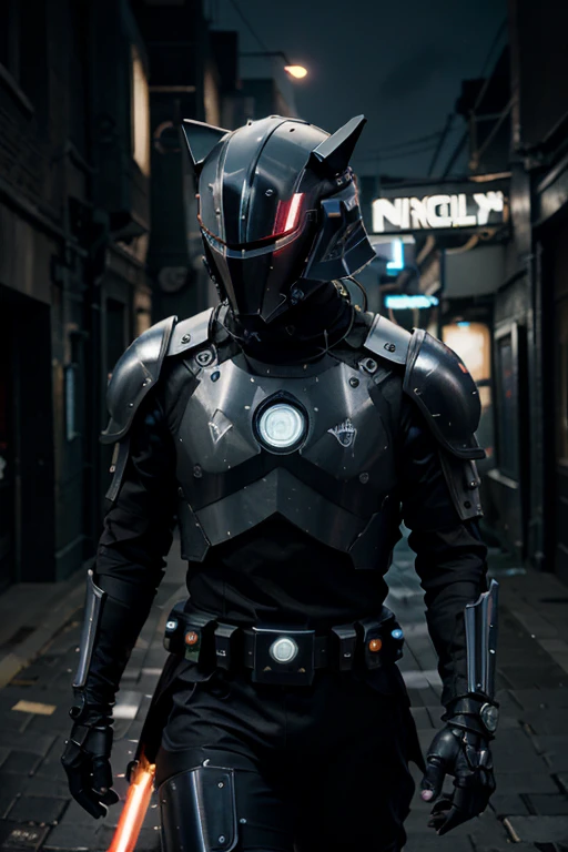 Cyberpunk Cat Knight,Glowing Eye Mechanical Armor,metallic mustaches,Carbon black color scheme,Helmet of the future,vapor wave aesthetics,lightsaber,Resolute determination,fashion,twitch logo,High tech weapons,night adventure,Dimly lit alley,cityscape background,Reflection of broken glass,bionic enhancement,calm and safe