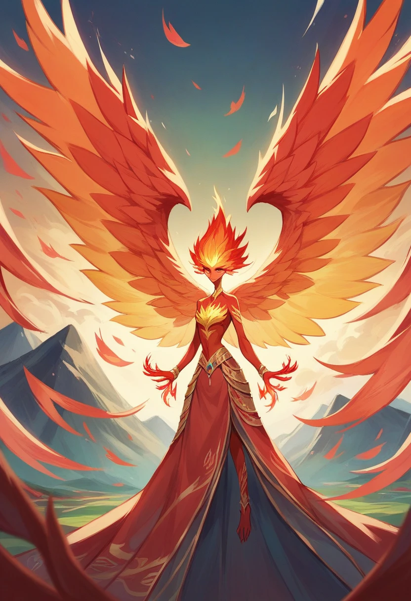 (masterpiece, best quality: 1.2), a girl with Phoenix wings standing in a ring of fire, With glowing red eyes, Phoenix, lotus, Red Gold Pink, Sunrise over the mountains in the background