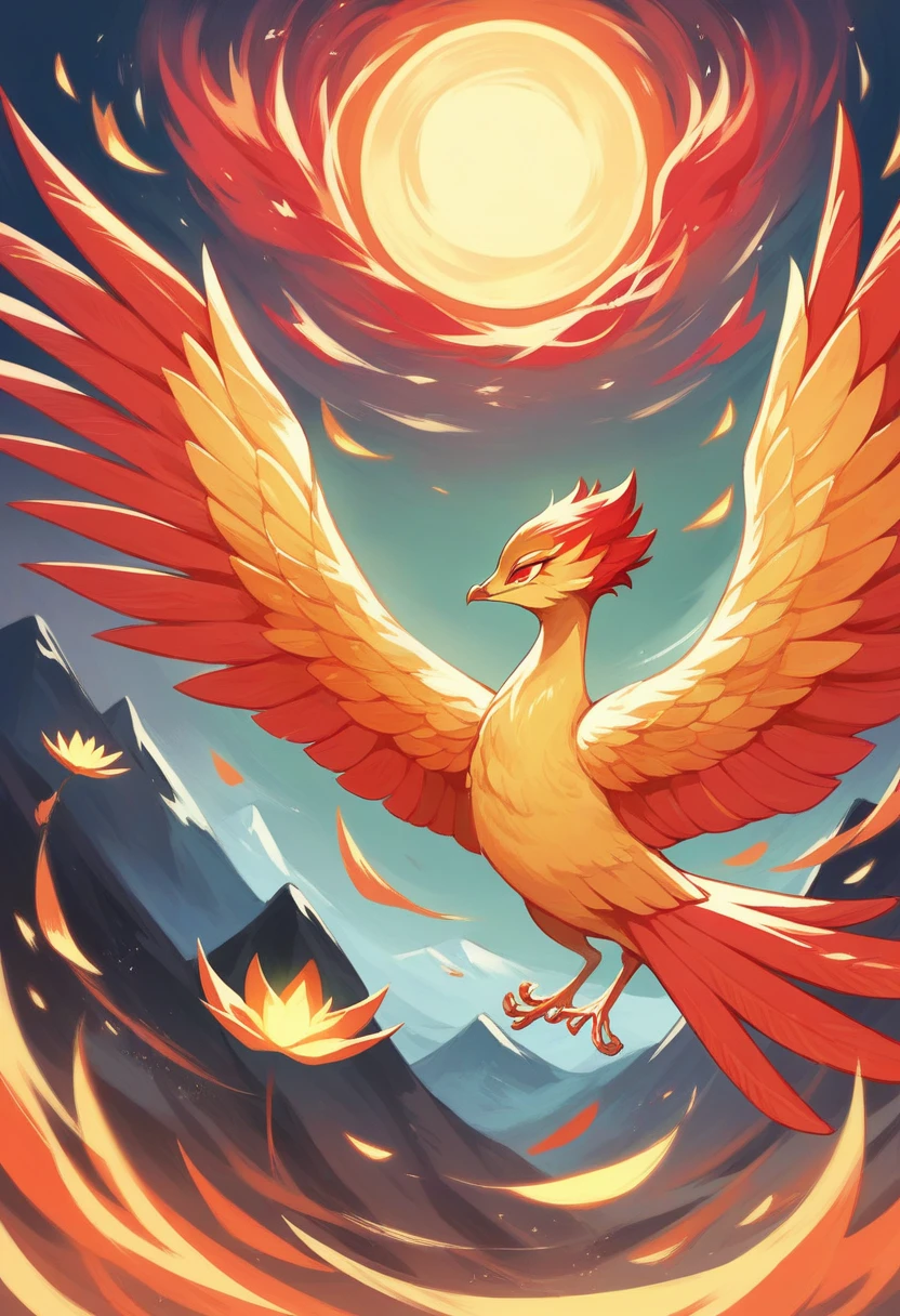 (masterpiece, best quality: 1.2), a girl with Phoenix wings standing in a ring of fire, With glowing red eyes, Phoenix, lotus, Red Gold Pink, Sunrise over the mountains in the background