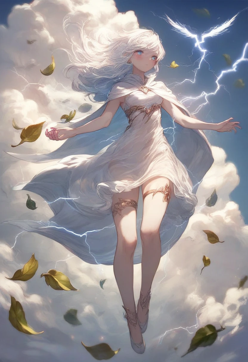Fraction_9, Fraction_8_up, Fraction_7_up, 1 girl, Air元素女孩, swirling Air, Circling among the clouds, Air, gold jewelry, Thigh strap, Glowing skin, blush, Pretty Face, blue eyes, white hAir, floating hAir, 微wind, White skin, White sexy see-through dress, Dutch Cape, Bottomless, Pink nails, moonlight, wind暴之光, Green Leaf, Flying Leaf, lightning, wind, swirling wind currents, lightning bird, Magic Elements, High fantasy expression H