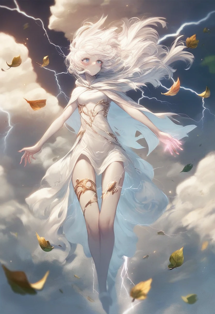 Fraction_9, Fraction_8_up, Fraction_7_up,  1 girl, Air元素女孩, swirling Air, Circling among the clouds, Air, gold jewelry, Thigh strap, Glowing skin, blush, Pretty Face, blue eyes, white hAir, floating hAir, 微wind, White skin, White sexy see-through dress, Dutch Cape, Bottomless, Pink nails, moonlight, wind暴之光, Green Leaf, Flying Leaf, lightning, wind, swirling wind currents, lightning bird, Magic Elements, High fantasy expression H    
