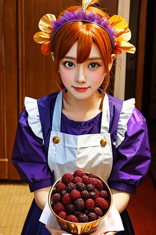 masterpiece, best quality, 1 girl, Purple Eyes, Orange Hair,maid headdress, maid,