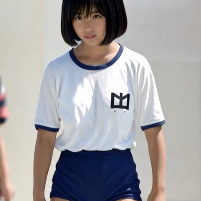 (masterpiece, best quality:1.2), 1girl, looking at viewer, solo, 3d, asian, detailed face, black hair, perfect body, blue buruma, bob cut, buruma, cowboy shot, gym uniform, photo \(medium\), skinny shirt, short sleeves, standing