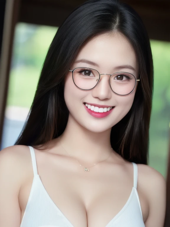 (realistic、masterpiece、Best Quality、8K、highres、high resolution:1.3)、1 glasses girl、Huge breasts、smile, white bikini、pale white skin、looking at viewers、super fine face and eyes、long hair、indoor、 upper body、