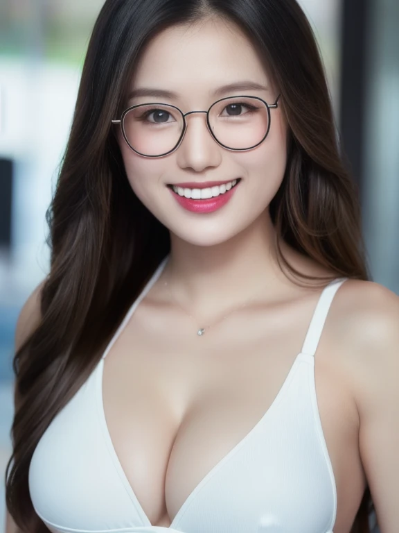 (realistic、masterpiece、Best Quality、8K、highres、high resolution:1.3)、1 glasses girl、Huge breasts、smile, white bikini、pale white skin、looking at viewers、super fine face and eyes、long hair、indoor、 upper body、