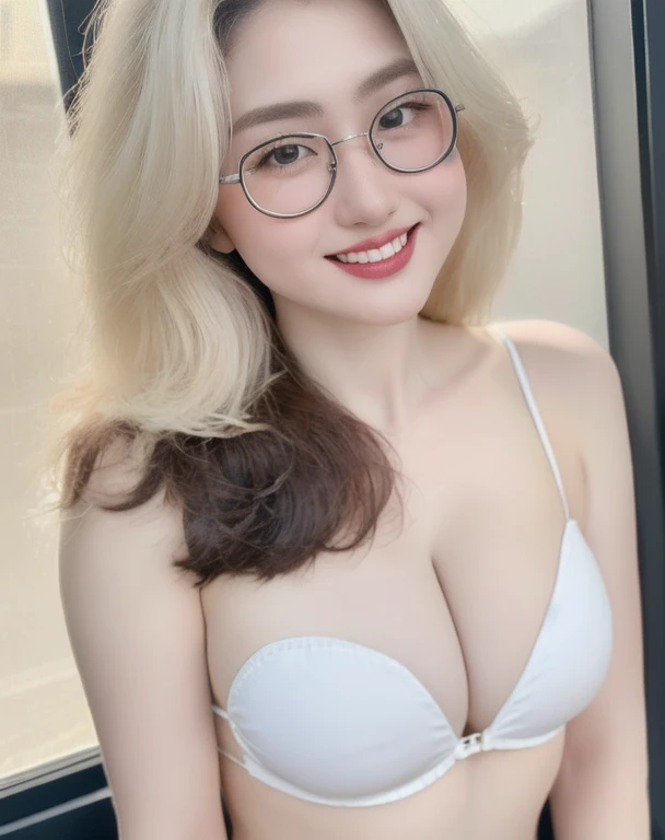 (realistic、masterpiece、Best Quality、8K、highres、high resolution:1.3)、1 glasses girl、 Huge breasts、smile, white bikini、pale white skin、looking at viewers、super fine face and eyes、long blonde hair、indoor、 upper body、