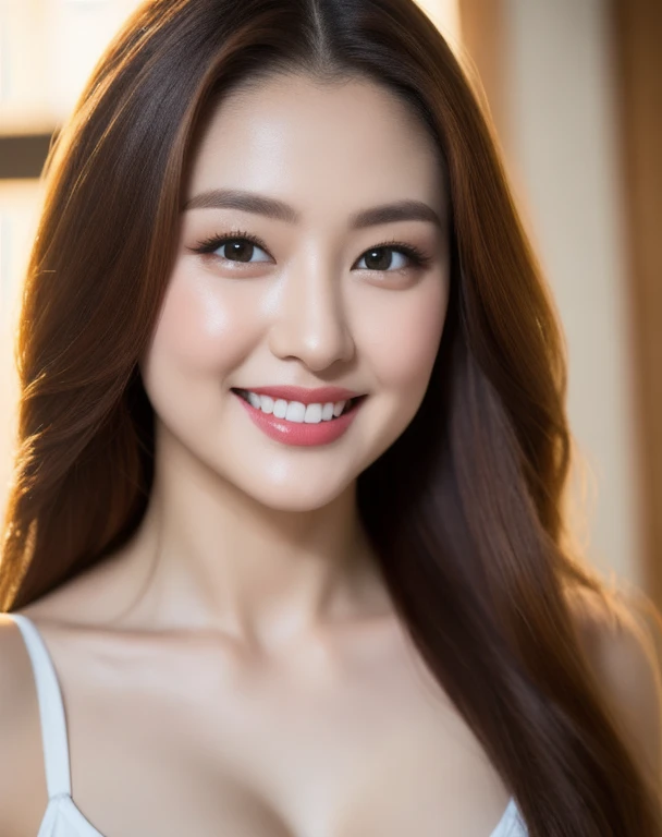 (realistic、masterpiece、Best Quality、8K、highres、high resolution:1.3)、1 glasses girl、 Huge breasts、smile, white bikini、pale white skin、looking at viewers、super fine face and eyes、long blonde hair、indoor、 upper body、