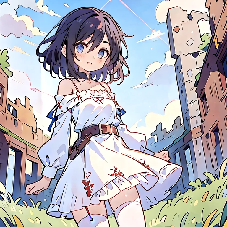 (masterpiece, best quality:1.2), dress,1girl, bare shoulders, belt, eyebrows visible through hair, hair between eyes, long sleeves, looking at viewer, off shoulder, shirt, single thighhigh, solo, thighhighs, white legwear, white shirt, off-shoulder dress,frilled skirt,belt, sleeveless, frills, medium hair, frilled dress, frilled shirt, background with((fantasy world, ruin, castle, beautiful sky, shining sky, sunshine:1.35))