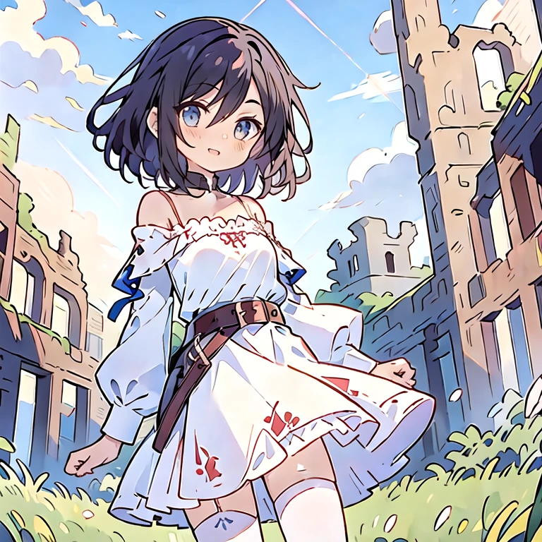 (masterpiece, best quality:1.2), dress,1girl, bare shoulders, belt, eyebrows visible through hair, hair between eyes, long sleeves, looking at viewer, off shoulder, shirt, single thighhigh, solo, thighhighs, white legwear, white shirt, off-shoulder dress,frilled skirt,belt, sleeveless, frills, medium hair, frilled dress, frilled shirt, background with((fantasy world, ruin, castle, beautiful sky, shining sky, sunshine:1.35))