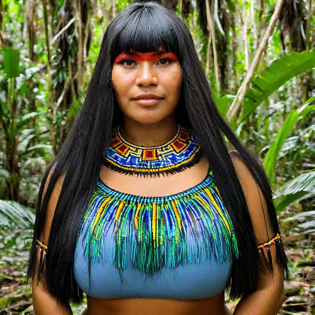 (masterpiece, best quality:1.2), 1g(masterpiece, best quality:1.2), 1girl, solo((Foto CRU, melhor qualidade)), (realista, fotorrealista:1.2). Uma linda garota indígena em traje nativo com cabeça, povos indígenas amazônicos no brasil, linda jovem feminina brasileira nativa, Índio Yanomami em trajes típicos,alta qualidade. Floresta amazônica e fundo do rio.mulher brasileira indígena, roupas indigenas tipicas, pintura corporal vermelha nos olhos,câmera, no meio de uma floresta, Fechar ((estilo )), with cabelo preto liso, long cabelo preto liso, long Cabelo preto liso, cabelo preto liso, franja reta, cabelo preto longo com franja, Cabelo preto liso, cabelo preto azeviche, franja longa e reta, cabelo preto longo e fino, ela tem cabelo preto com franja, cabelo preto com franjairl, solo