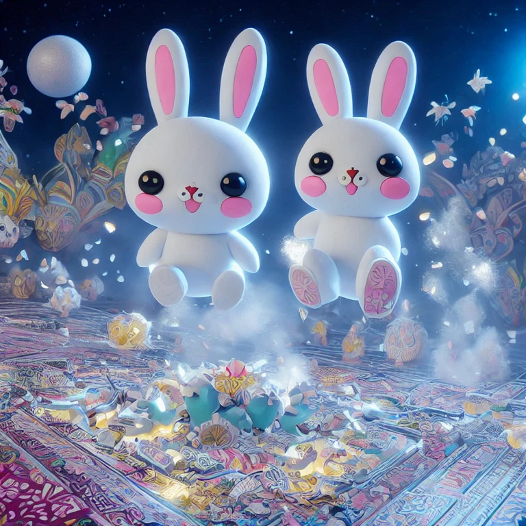 (masterpiece, best quality:1.2), 1 solo colored (white) kawaii rabbit  a 3D in high-speed macro camera format landing on a floor with floors decorated with alebrijes. the white floor breaks. A mist surrounds the kawaii rabbit when it appears. It is night, with a midnight blue sky in the background