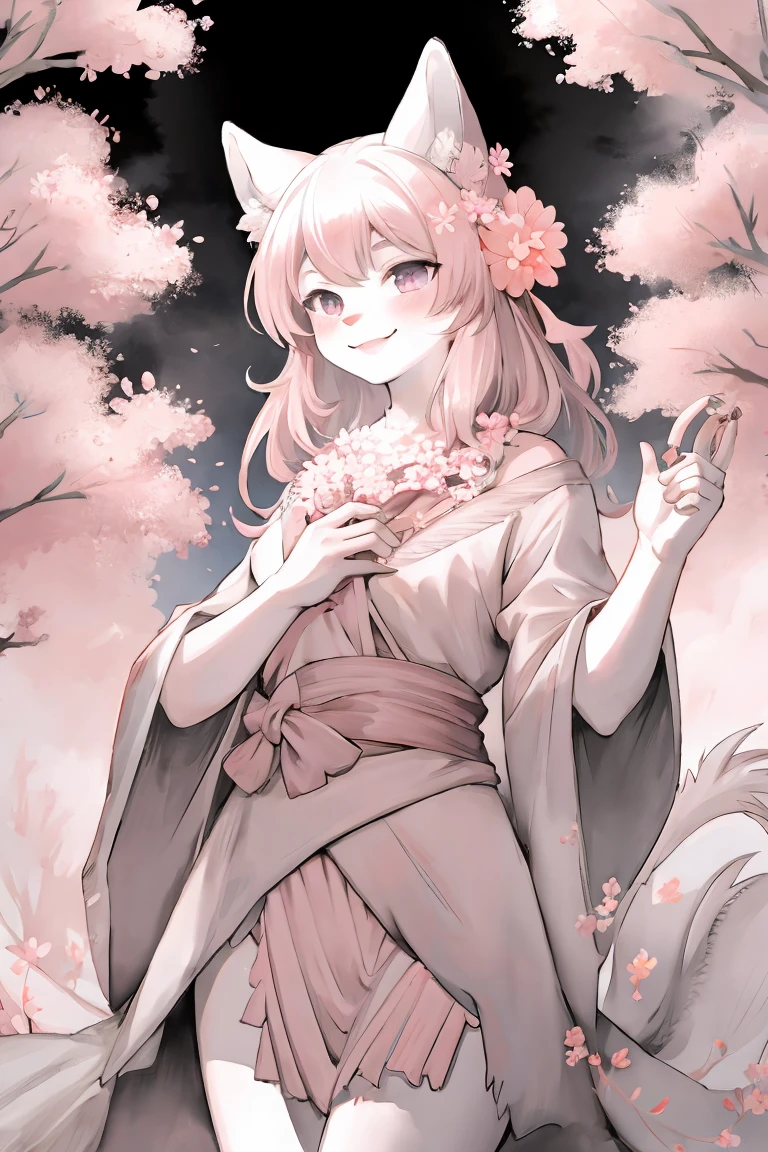 monochrome, watercolor, highres, top quality, best quality, paid reward available, High-quality illustrations, unparalleled masterpiece, perfect artwork, absurdres, 1girl, kemono, furry, detailed body fur, animal face, animal hand, Archaic Smile, holding a cluster of pink flower in both hands, which are positioned at chest level, She is wearing a simple ring on the ring finger of her left hand, unfocused spread of pink flower, fan-created work shared on platforms Pixiv or Twitter,