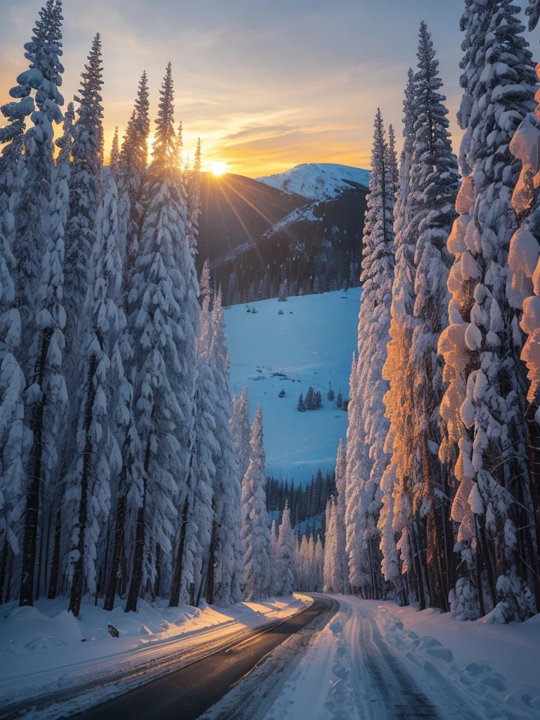 arafed road with snow and trees on both sides and a sunset in the background, a photo by Cedric Peyravernay, flickr, land art, fire and ice, icy road on a planet of lava, snowy italian road, orange fire/blue ice duality!, snowy apennines, warm beautiful scene, fire reflection, treacherous road, wet road