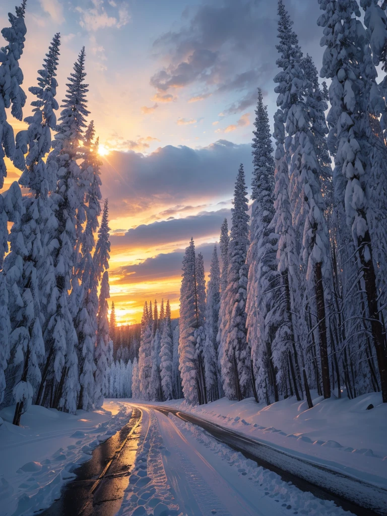 arafed road with snow and trees on both sides and a sunset in the background, a photo by Cedric Peyravernay, flickr, land art, fire and ice, icy road on a planet of lava, snowy italian road, orange fire/blue ice duality!, snowy apennines, warm beautiful scene, fire reflection, treacherous road, wet road