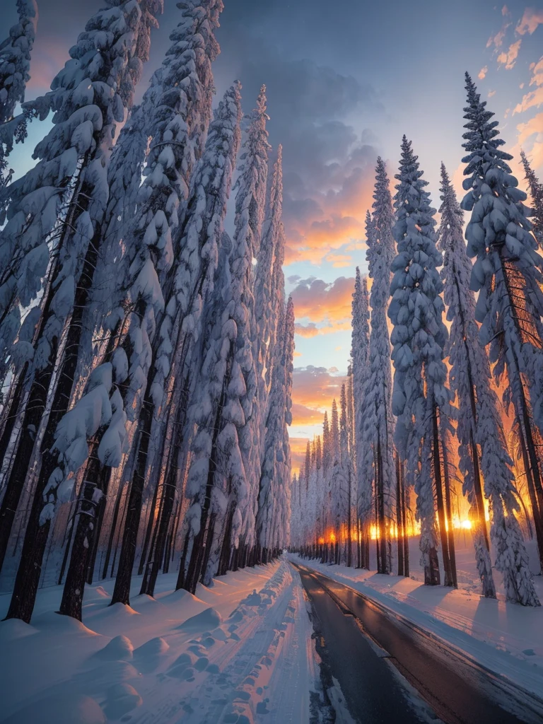 arafed road with snow and trees on both sides and a sunset in the background, a photo by Cedric Peyravernay, flickr, land art, fire and ice, icy road on a planet of lava, snowy italian road, orange fire/blue ice duality!, snowy apennines, warm beautiful scene, fire reflection, treacherous road, wet road