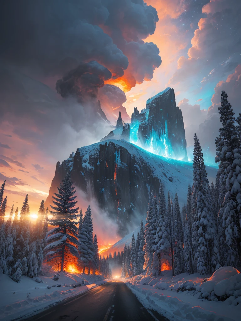 arafed road with snow and trees on both sides and a sunset in the background, fire and ice, by Cedric Peyravernay, icy road on a planet of lava, by Darek Zabrocki, by Muggur, snowy italian road, by Zoran Mušič, orange fire/blue ice duality!, by Maurice Esteve