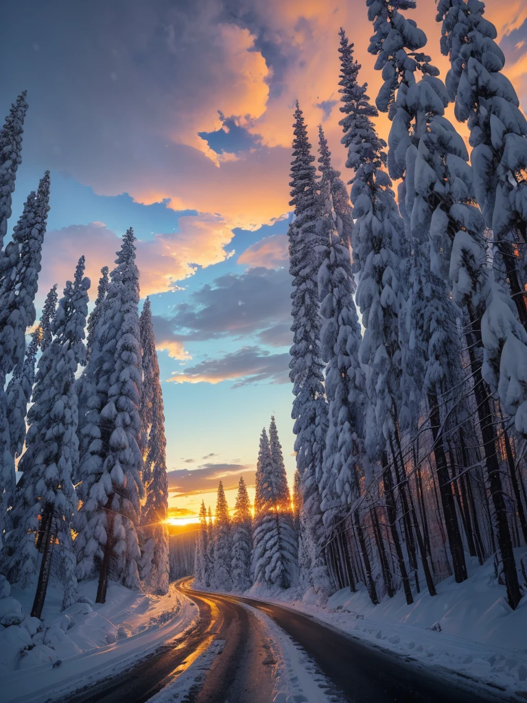 arafed road with snow and trees on both sides and a sunset in the background, a photo by Cedric Peyravernay, flickr, land art, fire and ice, icy road on a planet of lava, snowy italian road, orange fire/blue ice duality!, snowy apennines, warm beautiful scene, fire reflection, treacherous road, wet road