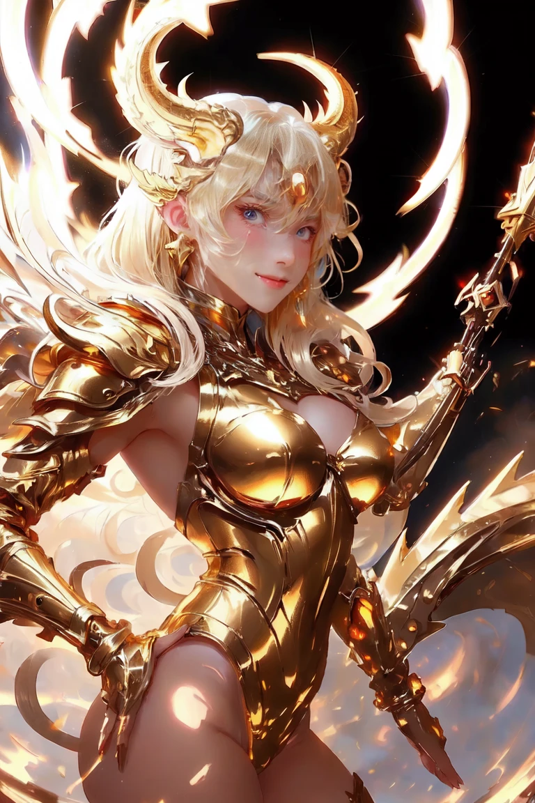 A golden dragon flying through the sky, and a sensual sexy girl, with golden hair in naughty armor