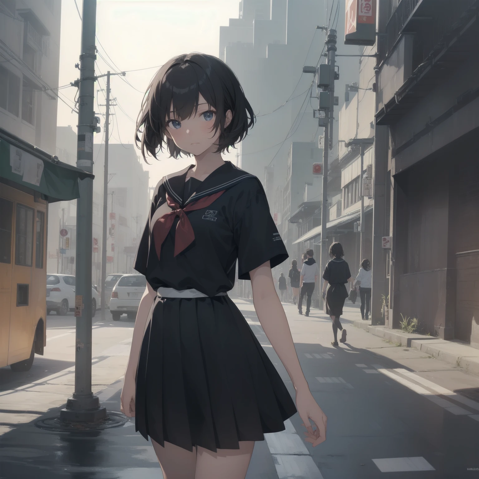 ultra-absurdres-Top quality by artist God, ultra-detailed, high resolution, anime moe artstyle, best anime 8k konachan wallpaper, pixiv contest winner, pool:2810, perfect anatomy,break, 1girl, (Please draw a girl walking sleepily to school alone. )break,(Solo,little female, 13-year-old:1.3),Full limbs, complete fingers,a junior high school student, (very short hair), short cut, flat chest, , small butt, small black eyes, beautiful detailed eyes, well-proportioned iris and pupils, expressive eyes, highres detailed hair, soft expression, salor school_uniform, sailor collar, serahuku, bow, pleated skirt,(Detailed Lighting), (Detailed background), in the School commute route. break,super detailed skin, Best cinematic lighting powered by famous artist, 8k,beauty illustration,photoshop_(medium),very aesthetic,break,((artist:mattaku_mousuke )), artist:clamp ,artist:carnelian ,artist:kantoku ,