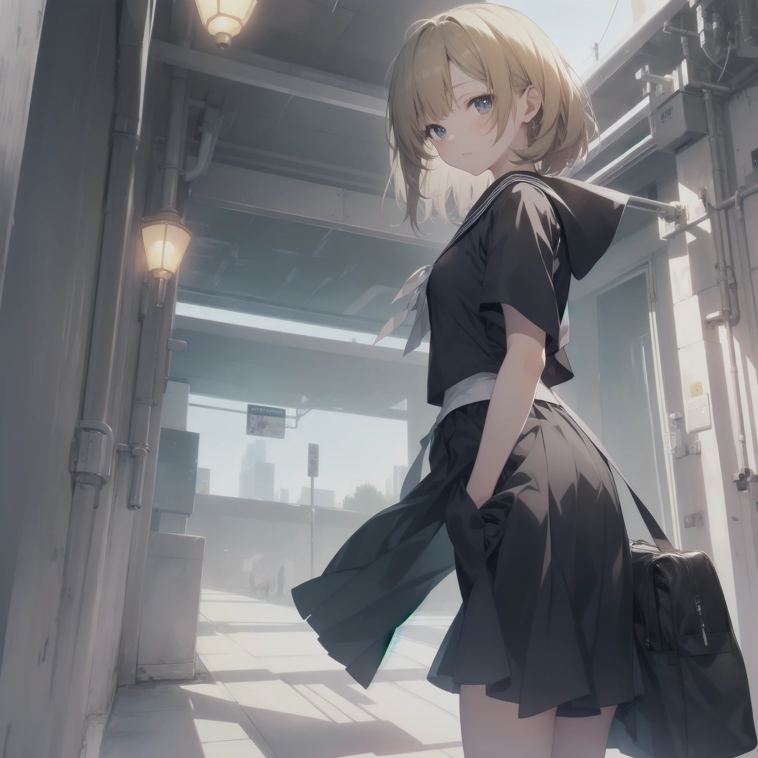 ultra-absurdres-Top quality by artist God, ultra-detailed, high resolution, anime moe artstyle, best anime 8k konachan wallpaper, pixiv contest winner, pool:2810, perfect anatomy,break, 1girl, (Please draw a girl walking sleepily to school alone. )break,(Solo,little female, 13-year-old:1.3),Full limbs, complete fingers,a junior high school student, (very short hair), short cut, flat chest, , small butt, small black eyes, beautiful detailed eyes, well-proportioned iris and pupils, expressive eyes, highres detailed hair, soft expression, salor school_uniform, sailor collar, serahuku, bow, pleated skirt,(Detailed Lighting), (Detailed background), in the School commute route. break,super detailed skin, Best cinematic lighting powered by famous artist, 8k,beauty illustration,photoshop_(medium),very aesthetic,break,((artist:mattaku_mousuke )), artist:clamp ,artist:carnelian ,artist:kantoku ,
