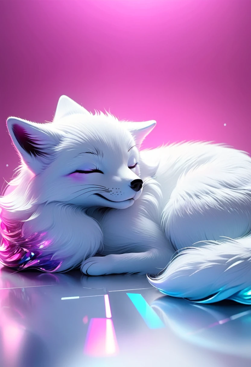 cute sleeping fox, solid, profile, sleek glass thickness, transparent, pink and white and blue and silver holographic, smooth color background, Cinematic lighting,rendering, 8K