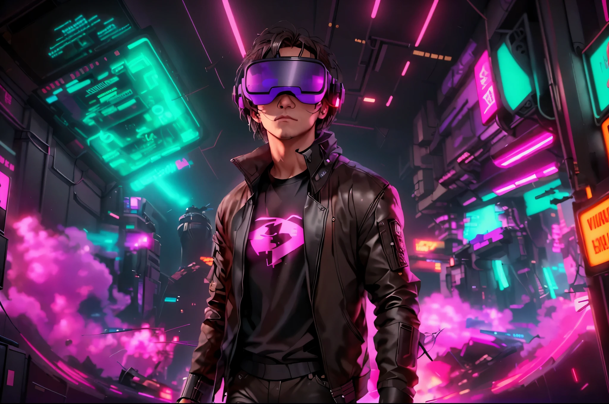 neocruz cabello largo , messy hair, a man in a black jacket and glasses stands in front of a futuristic city, vr game, cyberpunk vibe, cyberpunk vibes, deeper into the metaverse we go, has cyberpunk style, cyberpunk theme, in cyber punk 2077, cyberpunk futuristic, cyberpunk future, synthwave, wearing cyberpunk streetwear, futuristic cyberpunk, cyberpunk tech, retro cyberpunk, synthwave style