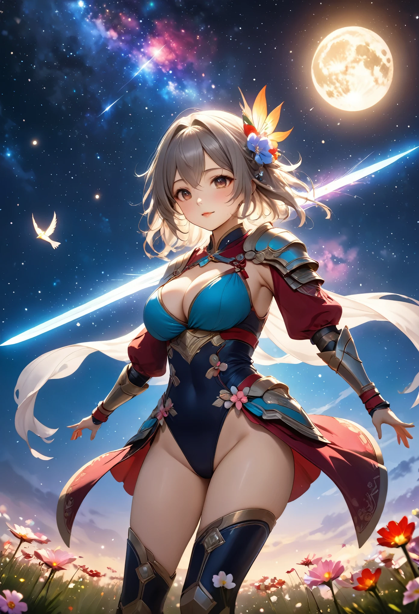 Highest quality, Super quality, 16K, Incredibly absurd, Very detailed, 2.5D, delicate and dynamic, Small faint lights and flying fireflies, night, Starry Sky, milky way, nebula, shooting star, Flowers, birds, wind and moon,erotic, sole sexy lady, healthy shaped body, 22 years old lady, Asura, 170cm tall, huge firm bouncing busts, A colorful holy sword, Complicated armor, Brightly colored armor,