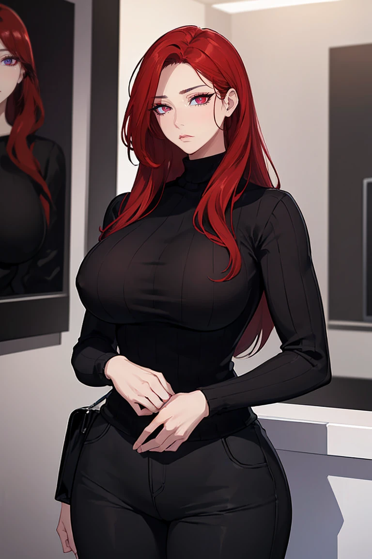 (Uhd, Masterpiece, Textured Skin, Super Detail, High Details, High Quality, Best Quality), Detailed Face, 1woman, mature pretty woman, Long red hair, (black sweater), (black pants), (Huge Body:1.5, tall), standing, (Low-sized breasts)