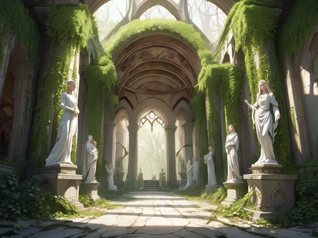 Abandoned monastery complex in the forest, Covered in ivy, Elvish motifs, Elegant and refined. Elf statues, renaissance