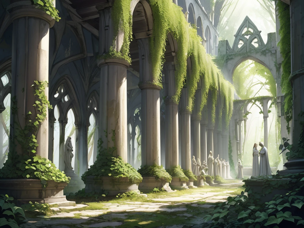 Abandoned monastery complex in the forest, Covered in ivy, Elvish motifs, Elegant and refined. Elf statues, renaissance