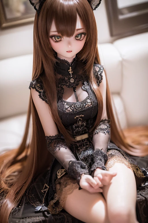 photorealistic, realistic photo, ((highest quality)), ((masterpiece)), detailed, kukolnydom, doll, (mature woman, 22yo, 22 years old:1.6), solo, ((eye level shot, sitting on sofa, reclining on sofa, skinny, slender, slim, parted lips)), green eyes, brown hair, (looking above, blank eyes, empty eyes, detailed eyes, detailed face:1.3), dress, museum, 8k
