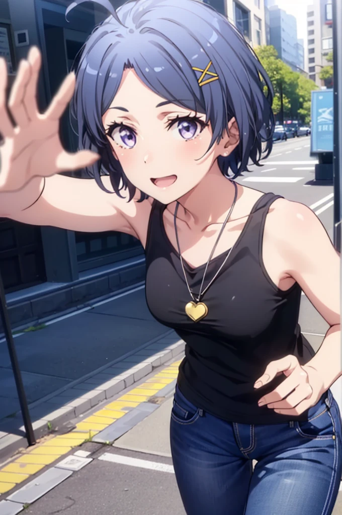 komachihikigaya, komachi hikigaya, short hair, Black Hair, hair ornaments, Ahoge, Hair Clip, x hair ornaments, (Purple eyes:1.1), tooth, happy smile, smile, Open your mouth, black tank top shirt,Locket Necklace,Skinny jeans,Stiletto heels,morning,morning陽,The sun is rising,Walking,whole bodyがイラストに入るように,
break outdoors, Building district,
break looking at viewer,whole body,
break (masterpiece:1.2), Highest quality, High resolution, unity 8k wallpaper, (figure:0.8), (Beautiful attention to detail:1.6), Highly detailed face, Perfect lighting, Highly detailed CG, (Perfect hands, Perfect Anatomy),