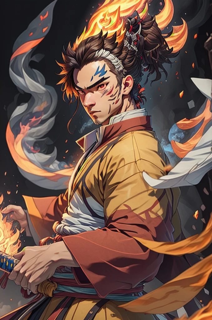 ((best qualityer)), ((work of art)), (detailded), (8k resolution), Kimetsu no Yaiba, adult man, experienced swordsman, Large katana rich in details, red traces on the face, Red neon aura, flames in the background, white kimono, Slightly dark hair, groundbreaking, color scheme, pensive stillness, background with flames, details Intricate, photographic realism, fully body.